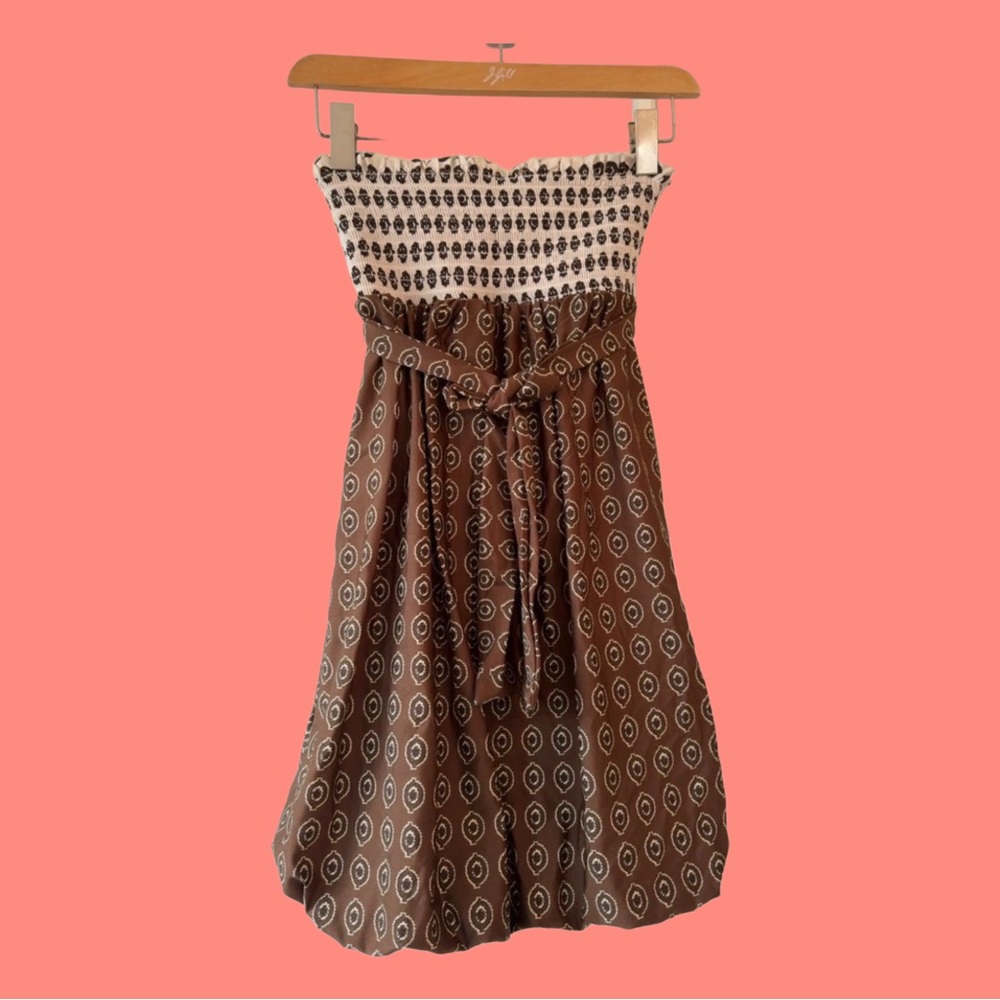 Juicy Couture Brown and White Pattern Strapless Bubble Hem Dress size Small
